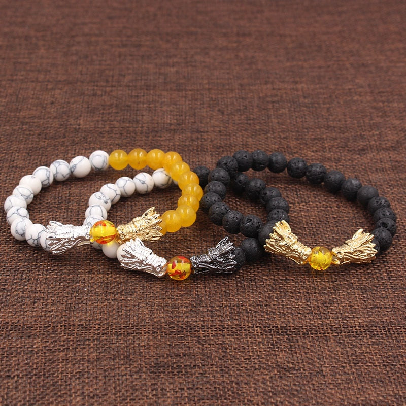 Dragon Hollywood X - Natural Black Lava &amp; White Howlite Stone Beads Bracelet Pulseira Masculina Mens Jewelry Buddha Dragon Bead Bracelet For All - BEVERLY HILLS - CALIFORNIA - USA