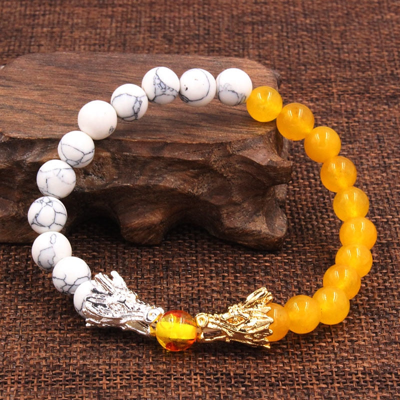 Dragon Hollywood X - Natural Black Lava &amp; White Howlite Stone Beads Bracelet Pulseira Masculina Mens Jewelry Buddha Dragon Bead Bracelet For All - BEVERLY HILLS - CALIFORNIA - USA
