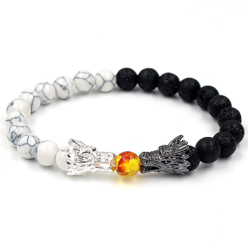 Dragon Hollywood X - Natural Black Lava &amp; White Howlite Stone Beads Bracelet Pulseira Masculina Mens Jewelry Buddha Dragon Bead Bracelet For All - BEVERLY HILLS - CALIFORNIA - USA