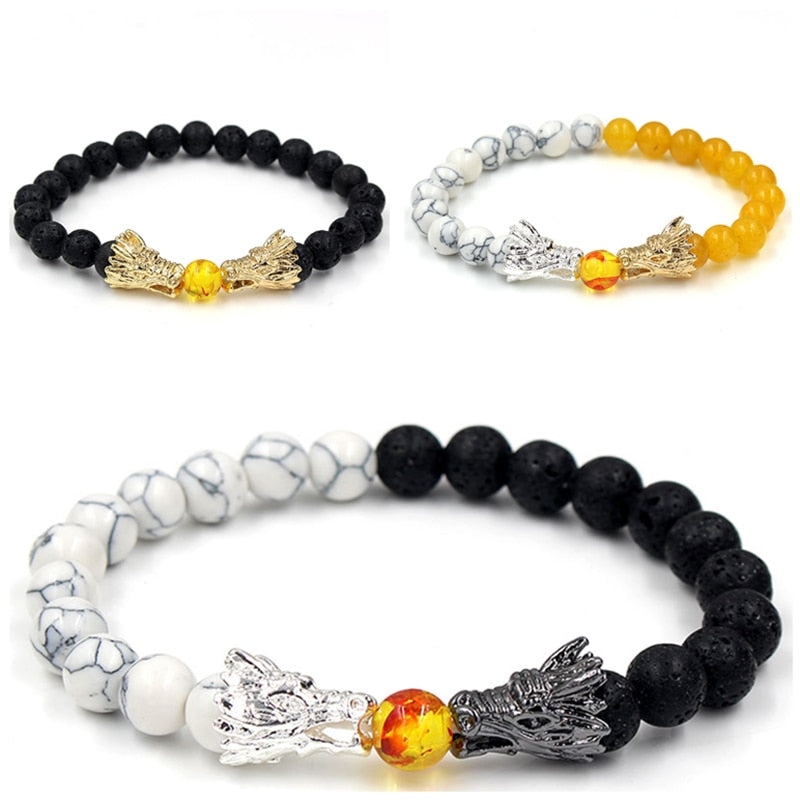 Dragon Hollywood X - Natural Black Lava &amp; White Howlite Stone Beads Bracelet Pulseira Masculina Mens Jewelry Buddha Dragon Bead Bracelet For All - BEVERLY HILLS - CALIFORNIA - USA