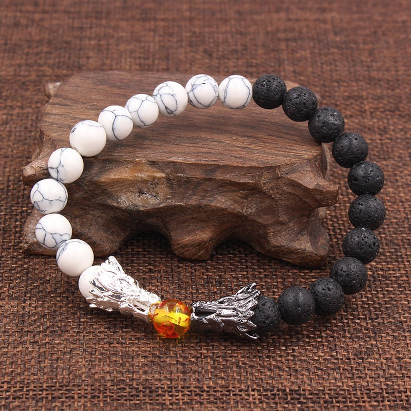 Dragon Hollywood X - Natural Black Lava &amp; White Howlite Stone Beads Bracelet Pulseira Masculina Mens Jewelry Buddha Dragon Bead Bracelet For All - BEVERLY HILLS - CALIFORNIA - USA