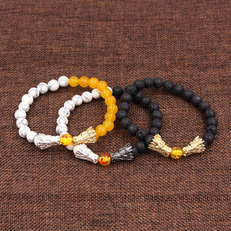 Dragon Hollywood X - Natural Black Lava &amp; White Howlite Stone Beads Bracelet Pulseira Masculina Mens Jewelry Buddha Dragon Bead Bracelet For All - BEVERLY HILLS - CALIFORNIA - USA