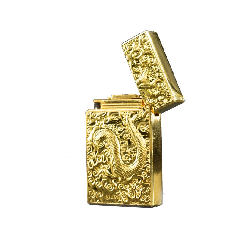 New Grinding Wheel Free Fire Lighter Metal Ultra Thin Embossed Gold Dragon Flint Gas Lighter Butane Windproof Cigarette Lighters