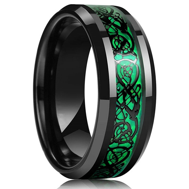 Fashion Men 8mm Black Tungsten Wedding Celtic Dragon Ring Inlaid Green Zircon Punk Men Stainless Steel Green Carbon Fibre Ring