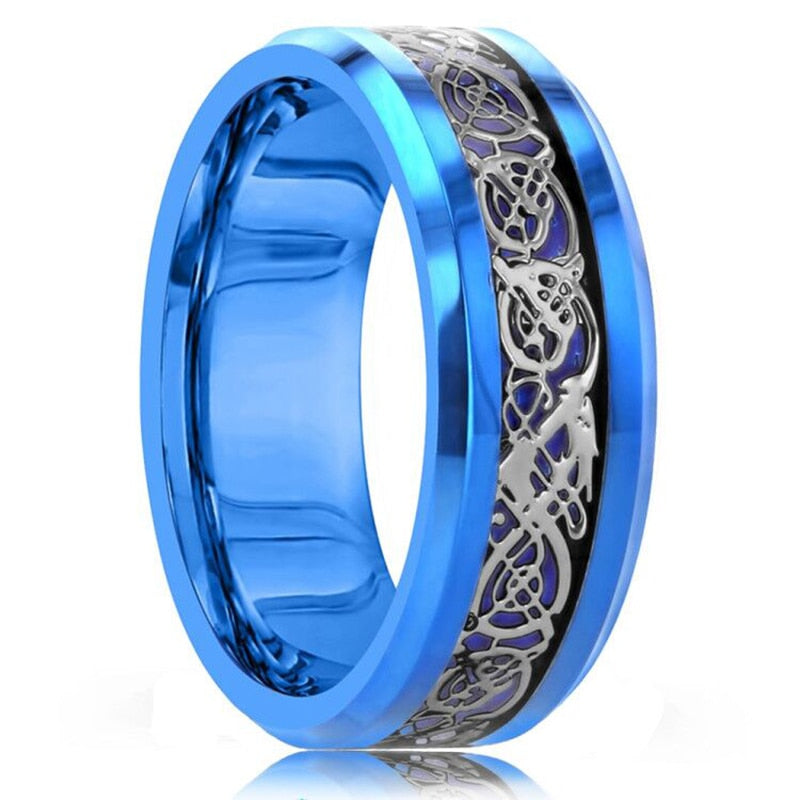 Fashion Men 8mm Black Tungsten Wedding Celtic Dragon Ring Inlaid Green Zircon Punk Men Stainless Steel Green Carbon Fibre Ring
