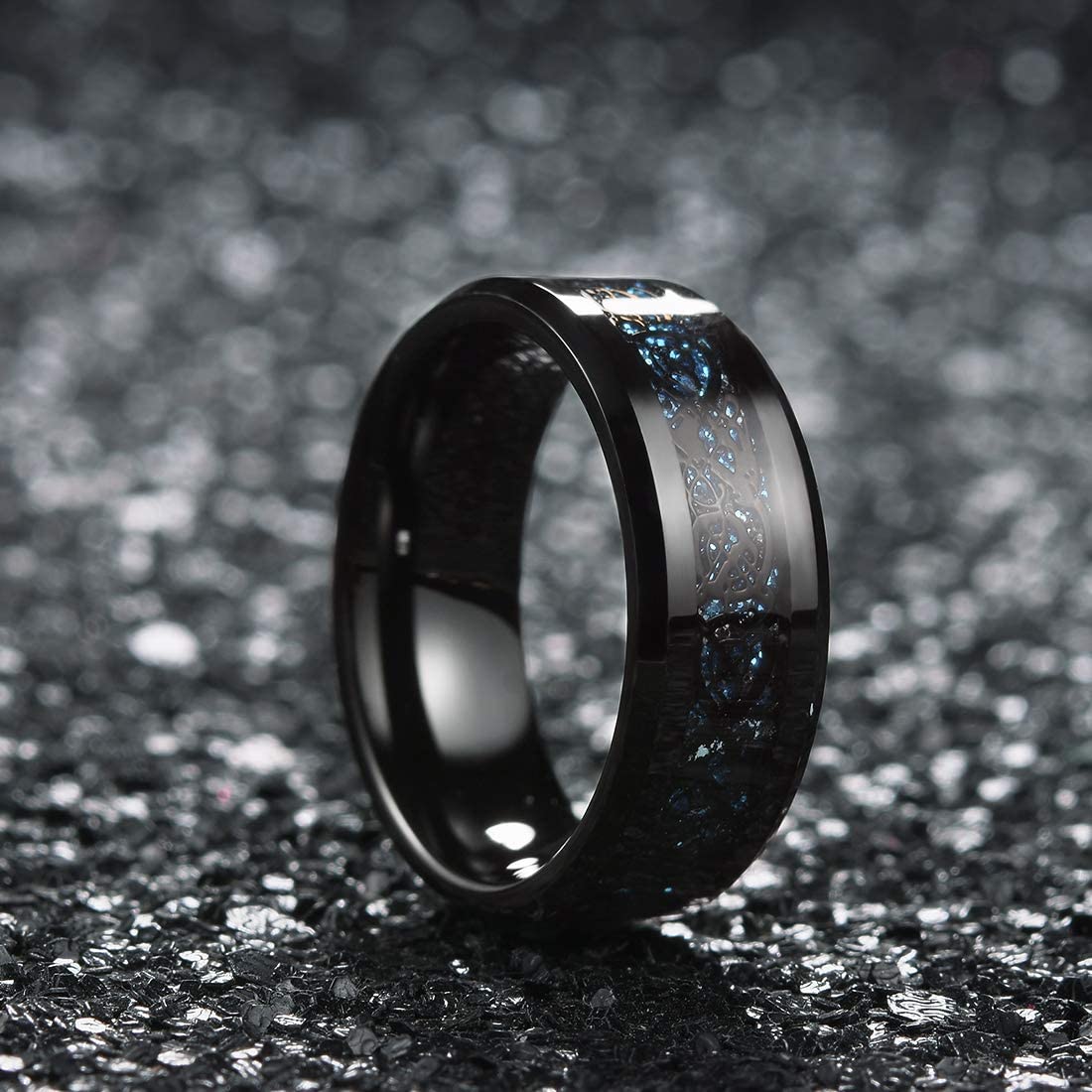 Fashion Men 8mm Black Tungsten Wedding Celtic Dragon Ring Inlaid Green Zircon Punk Men Stainless Steel Green Carbon Fibre Ring
