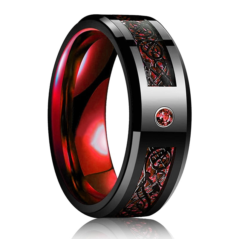 Fashion Men 8mm Black Tungsten Wedding Celtic Dragon Ring Inlaid Green Zircon Punk Men Stainless Steel Green Carbon Fibre Ring