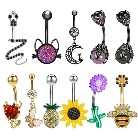 Dragon Hollywood X - 14G Dragon Claw Belly Button Body Ring Women and Men Stainless Steel Navel Ring - Crystal - Heart - Moon - Bee - Bug - Cat - Piercing Body Jewelry - BEVERLY HILLS - CALIFORNIA - USA