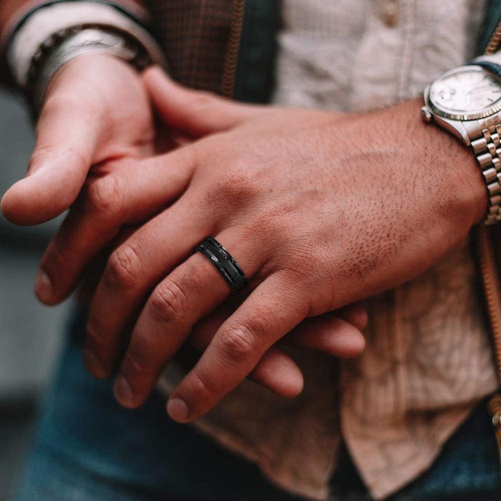 Fashion Men 8mm Black Tungsten Wedding Celtic Dragon Ring Inlaid Green Zircon Punk Men Stainless Steel Green Carbon Fibre Ring