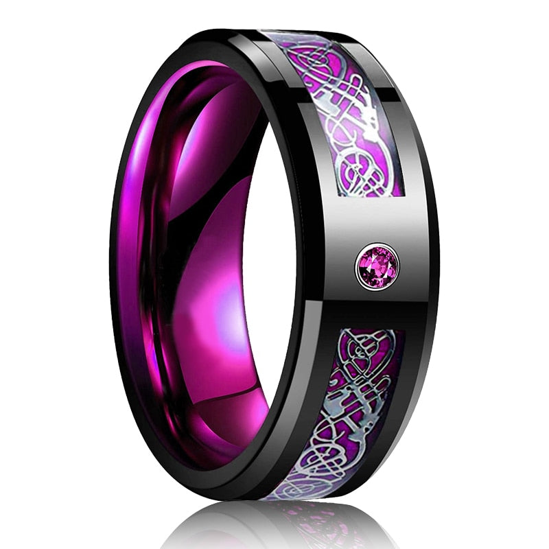 Fashion Men 8mm Black Tungsten Wedding Celtic Dragon Ring Inlaid Green Zircon Punk Men Stainless Steel Green Carbon Fibre Ring