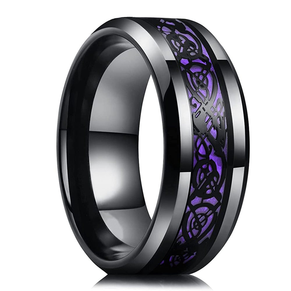 Fashion Men 8mm Black Tungsten Wedding Celtic Dragon Ring Inlaid Green Zircon Punk Men Stainless Steel Green Carbon Fibre Ring