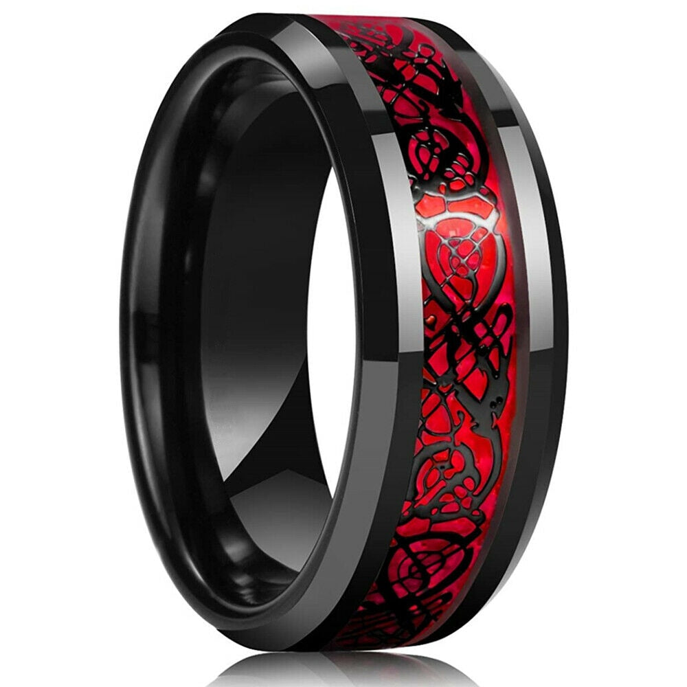 Fashion Men 8mm Black Tungsten Wedding Celtic Dragon Ring Inlaid Green Zircon Punk Men Stainless Steel Green Carbon Fibre Ring
