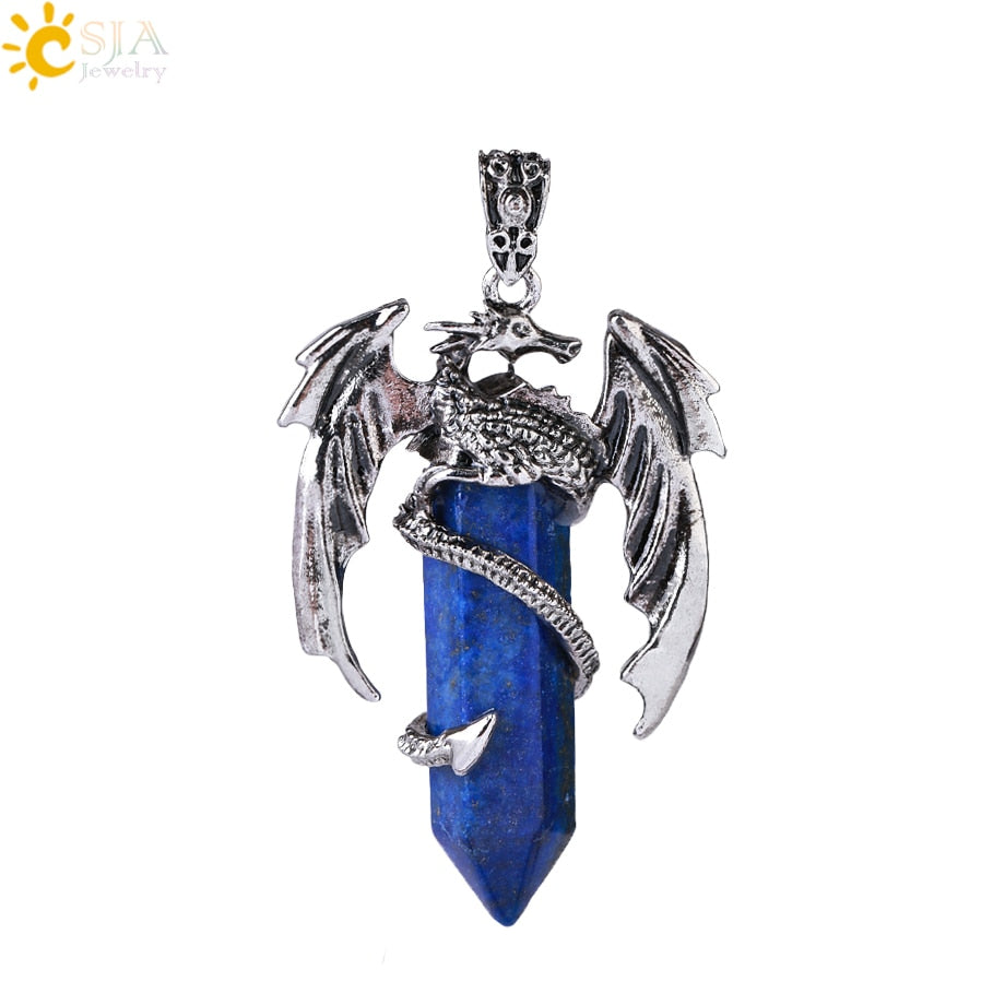 Dragon Hollywood X - CSJA Animal Dragon Man Necklace Natural Gem Stone Healing Pink Quartz Hexagonal Crystal Pendant Vintage Jewelry for Women H012  - BEVERLY HILLS, CALIFORNIA - USA