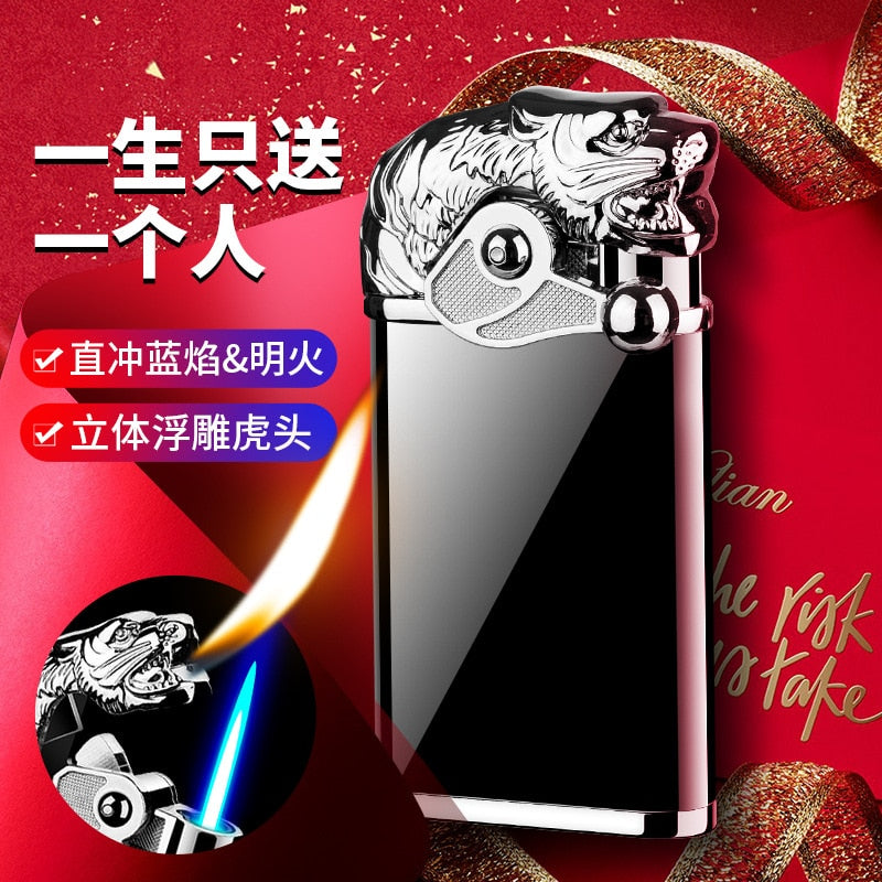 Blue Flame Metal Rocker Arm Ignition Tiger Head Double Fire Dragon Lighter Creative Windproof Open Fire Conversion Lighter