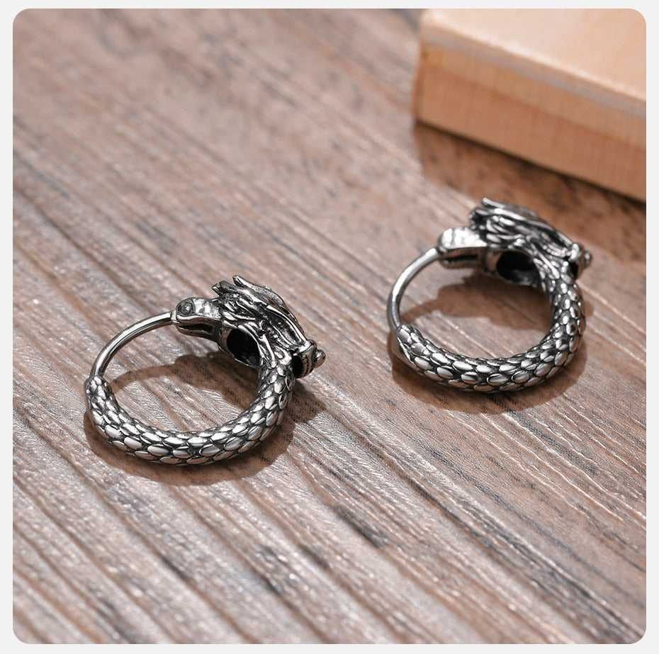 Dragon Hollywood X - Retro Dragon Head Earrings, Vintage Stainless Steel Unisex Hoop Earrings, Cool  Lucky Awesome Jewelry - BEVERLY HILLS- CALIFORNIA - USA