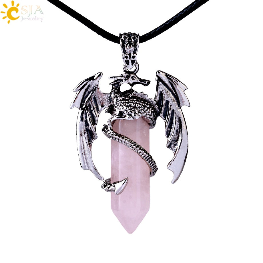 Dragon Hollywood X - CSJA Animal Dragon Man Necklace Natural Gem Stone Healing Pink Quartz Hexagonal Crystal Pendant Vintage Jewelry for Women H012  - BEVERLY HILLS, CALIFORNIA - USA