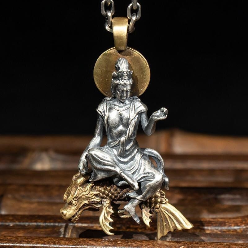 Dragon Hollywood X - Retro Domineering Dragon Riding Bodhisattva Buddha Pendant Necklace Men and Women Personality Trend Amulet Necklace Prayer Gift - Beverly Hills California