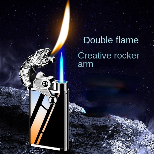 Blue Flame Metal Rocker Arm Ignition Tiger Head Double Fire Dragon Lighter Creative Windproof Open Fire Conversion Lighter