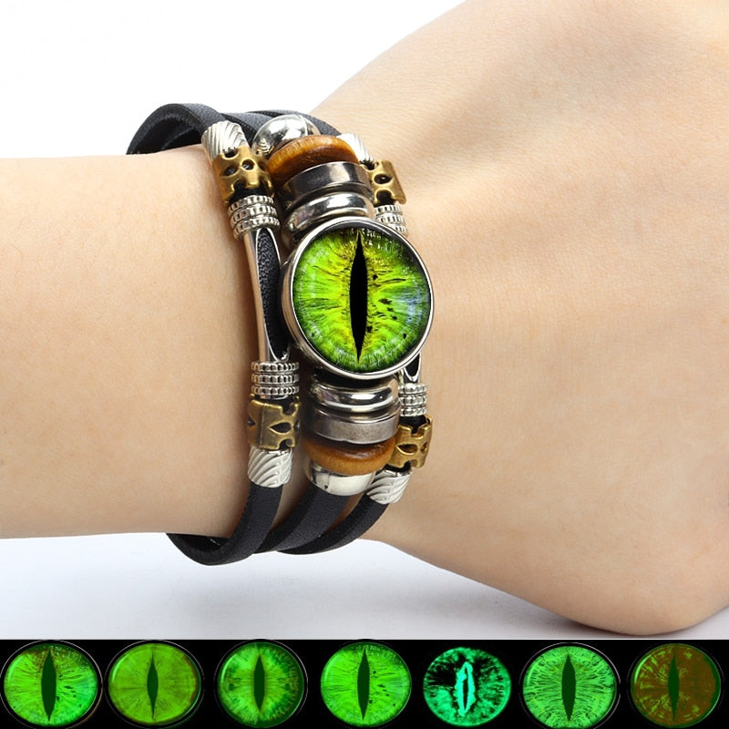 Dragon Hollywood X - Luminous Dragon Eyes Leather Bracelet Man Evil Eye Round Clear Glass Cabochon Button Multilayer Bracelets Bangles Wristband Gift - BEVERLY HILLS-CALIFORNIA-USA