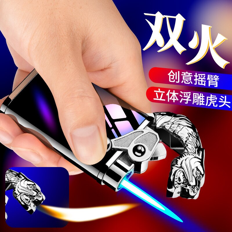 Blue Flame Metal Rocker Arm Ignition Tiger Head Double Fire Dragon Lighter Creative Windproof Open Fire Conversion Lighter