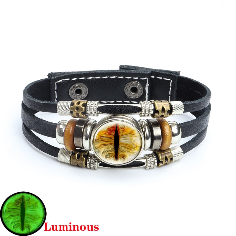 Dragon Hollywood X - Luminous Dragon Eyes Leather Bracelet Man Evil Eye Round Clear Glass Cabochon Button Multilayer Bracelets Bangles Wristband Gift - BEVERLY HILLS-CALIFORNIA-USA