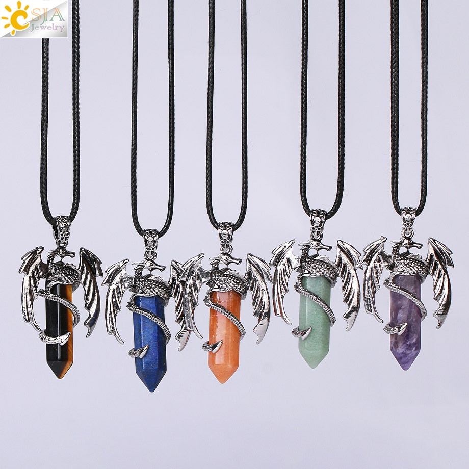 Dragon Hollywood X - CSJA Animal Dragon Man Necklace Natural Gem Stone Healing Pink Quartz Hexagonal Crystal Pendant Vintage Jewelry for Women H012  - BEVERLY HILLS, CALIFORNIA - USA