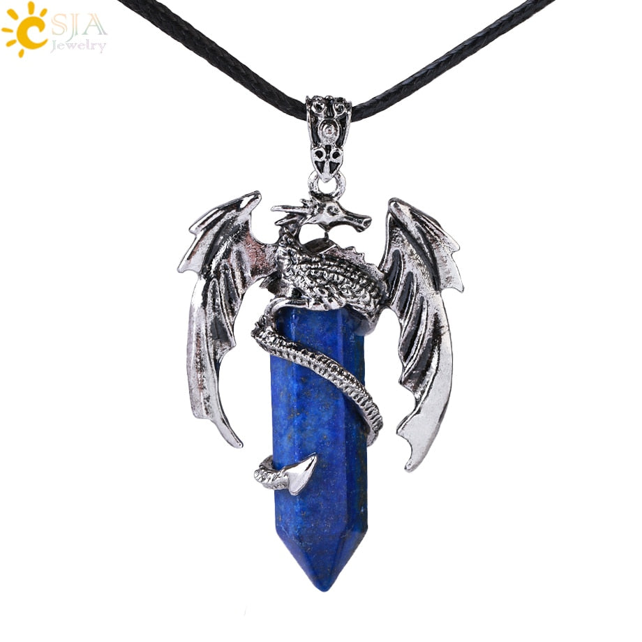 Dragon Hollywood X - CSJA Animal Dragon Man Necklace Natural Gem Stone Healing Pink Quartz Hexagonal Crystal Pendant Vintage Jewelry for Women H012  - BEVERLY HILLS, CALIFORNIA - USA