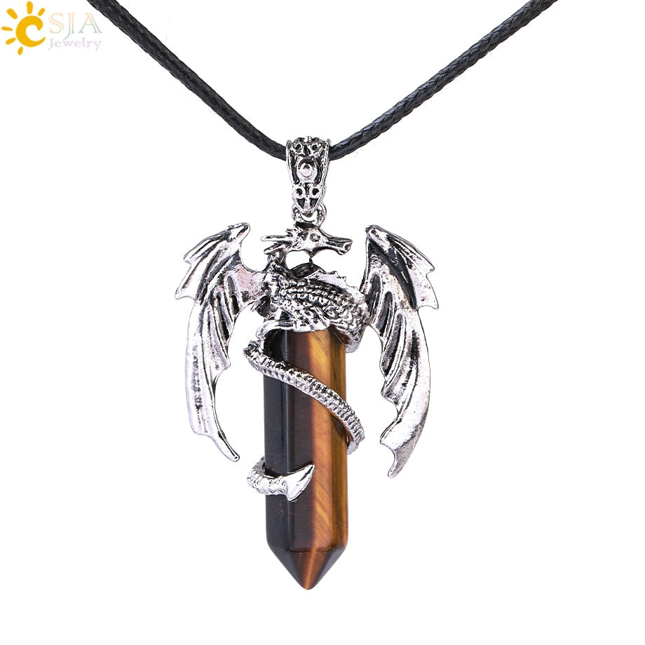 Dragon Hollywood X - CSJA Animal Dragon Man Necklace Natural Gem Stone Healing Pink Quartz Hexagonal Crystal Pendant Vintage Jewelry for Women H012  - BEVERLY HILLS, CALIFORNIA - USA