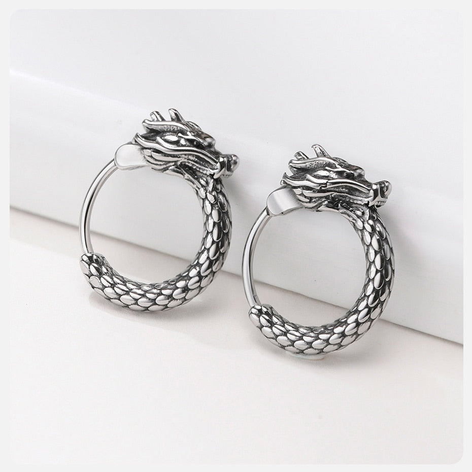 Dragon Hollywood X - Retro Dragon Head Earrings, Vintage Stainless Steel Unisex Hoop Earrings, Cool  Lucky Awesome Jewelry - BEVERLY HILLS- CALIFORNIA - USA