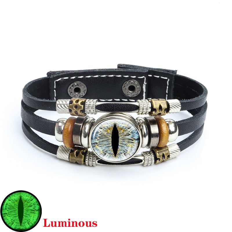 Dragon Hollywood X - Luminous Dragon Eyes Leather Bracelet Man Evil Eye Round Clear Glass Cabochon Button Multilayer Bracelets Bangles Wristband Gift - BEVERLY HILLS-CALIFORNIA-USA