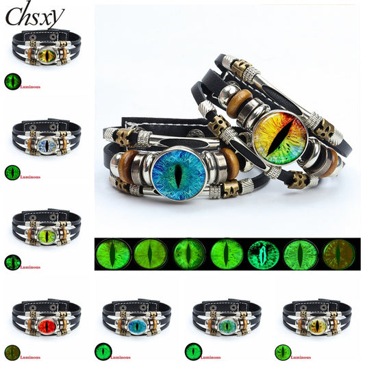 Dragon Hollywood X - Luminous Dragon Eyes Leather Bracelet Man Evil Eye Round Clear Glass Cabochon Button Multilayer Bracelets Bangles Wristband Gift - BEVERLY HILLS-CALIFORNIA-USA
