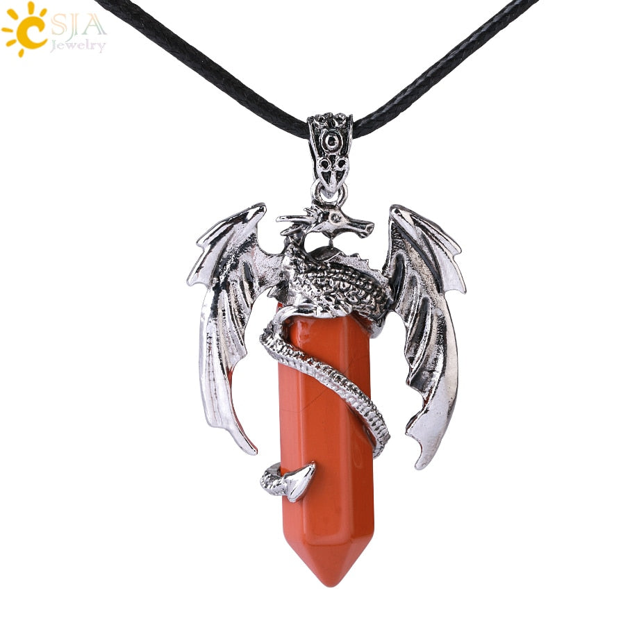 Dragon Hollywood X - CSJA Animal Dragon Man Necklace Natural Gem Stone Healing Pink Quartz Hexagonal Crystal Pendant Vintage Jewelry for Women H012  - BEVERLY HILLS, CALIFORNIA - USA