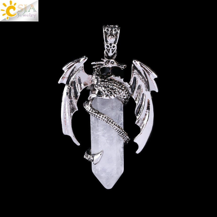 Dragon Hollywood X - CSJA Animal Dragon Man Necklace Natural Gem Stone Healing Pink Quartz Hexagonal Crystal Pendant Vintage Jewelry for Women H012  - BEVERLY HILLS, CALIFORNIA - USA