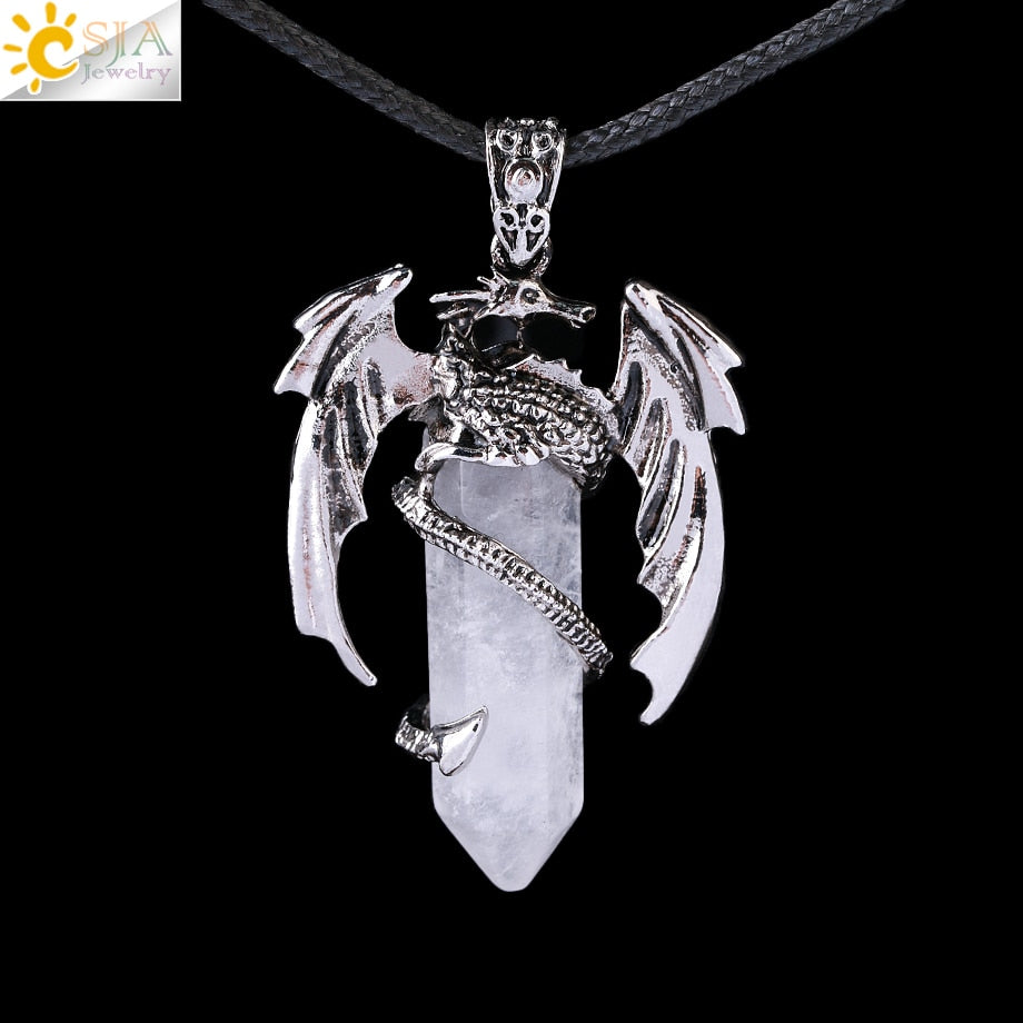 Dragon Hollywood X - CSJA Animal Dragon Man Necklace Natural Gem Stone Healing Pink Quartz Hexagonal Crystal Pendant Vintage Jewelry for Women H012  - BEVERLY HILLS, CALIFORNIA - USA