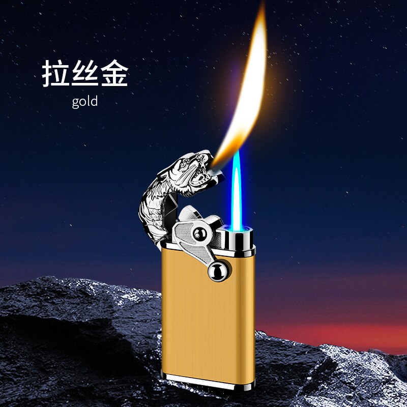Blue Flame Metal Rocker Arm Ignition Tiger Head Double Fire Dragon Lighter Creative Windproof Open Fire Conversion Lighter