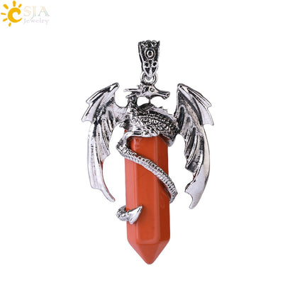 Dragon Hollywood X - CSJA Animal Dragon Man Necklace Natural Gem Stone Healing Pink Quartz Hexagonal Crystal Pendant Vintage Jewelry for Women H012  - BEVERLY HILLS, CALIFORNIA - USA
