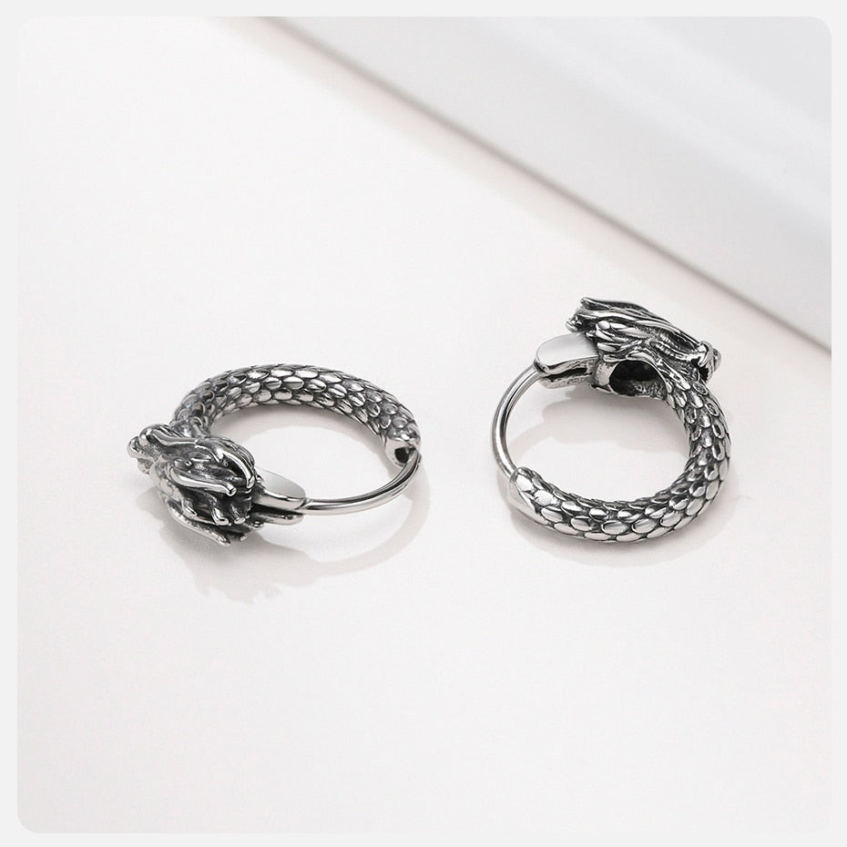 Dragon Hollywood X - Retro Dragon Head Earrings, Vintage Stainless Steel Unisex Hoop Earrings, Cool  Lucky Awesome Jewelry - BEVERLY HILLS- CALIFORNIA - USA