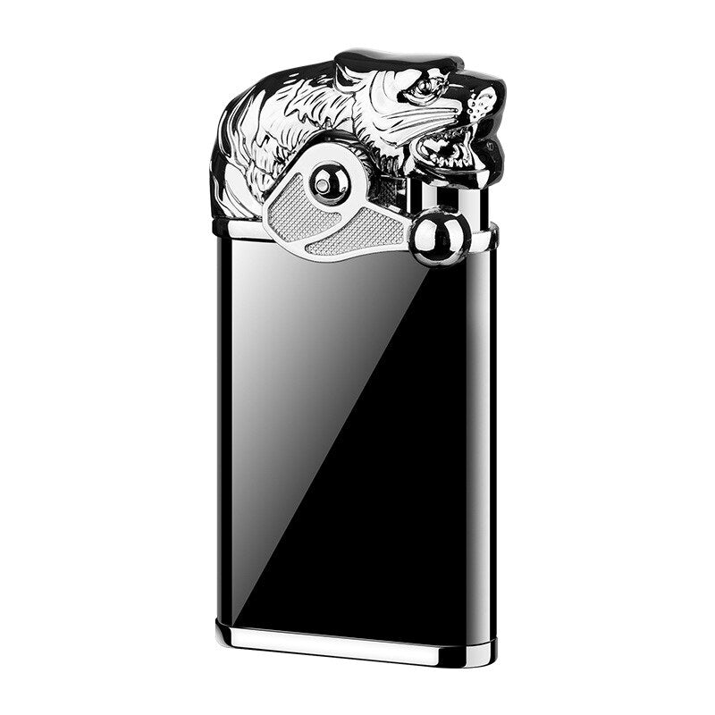 Blue Flame Metal Rocker Arm Ignition Tiger Head Double Fire Dragon Lighter Creative Windproof Open Fire Conversion Lighter
