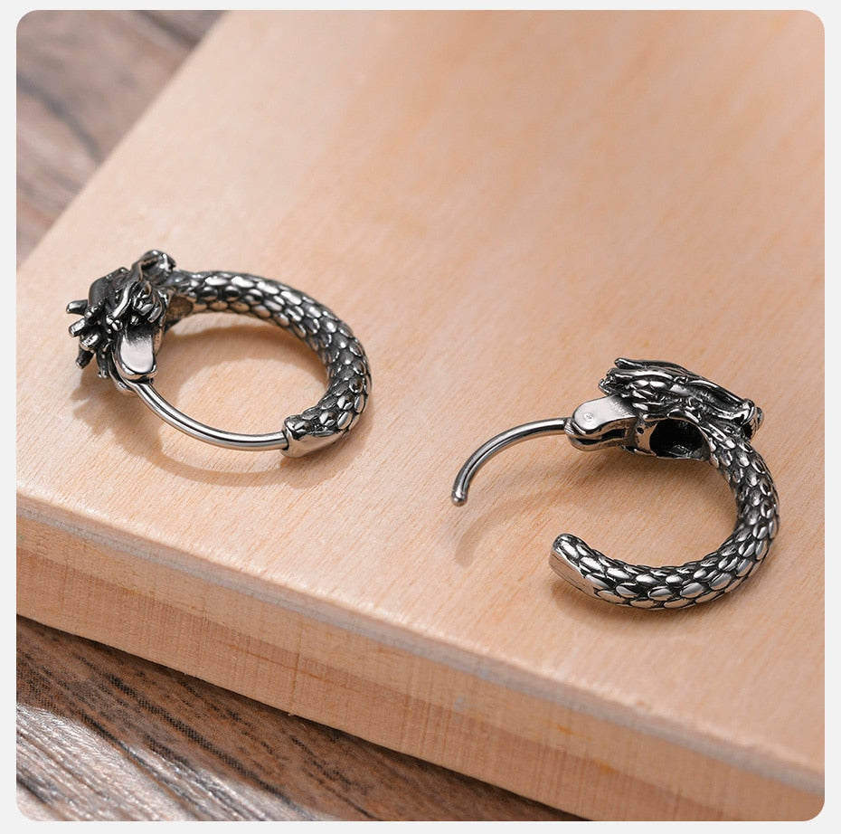 Dragon Hollywood X - Retro Dragon Head Earrings, Vintage Stainless Steel Unisex Hoop Earrings, Cool  Lucky Awesome Jewelry - BEVERLY HILLS- CALIFORNIA - USA