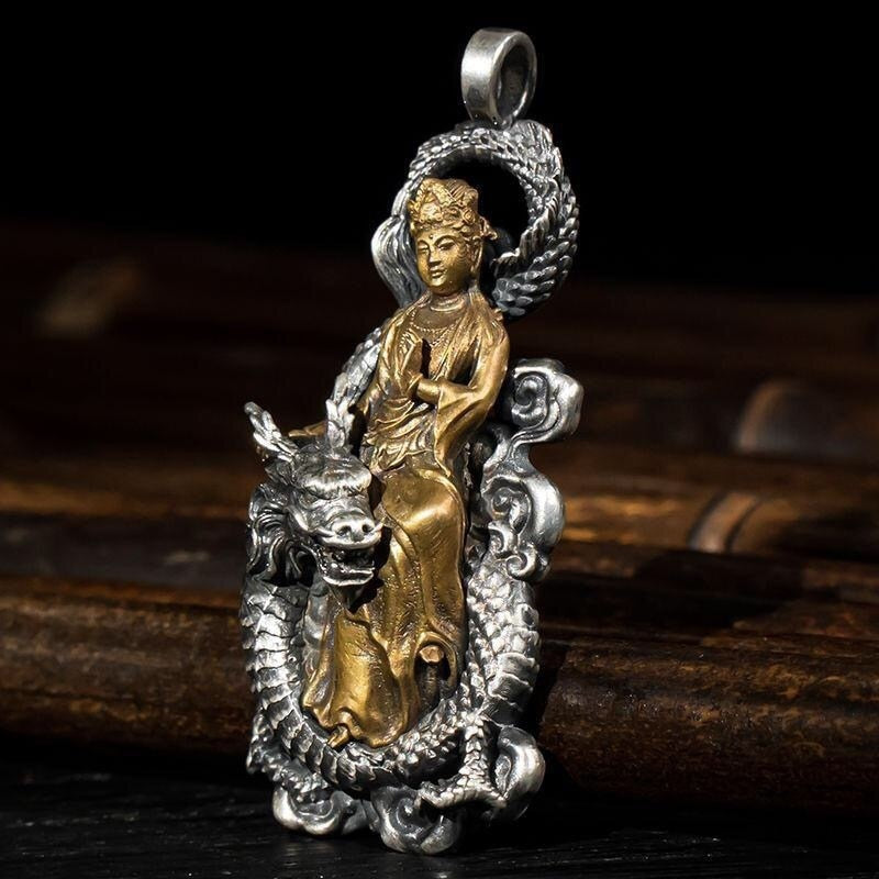Dragon Hollywood X - Retro Domineering Dragon Riding Bodhisattva Buddha Pendant Necklace Men and Women Personality Trend Amulet Necklace Prayer Gift - Beverly Hills California