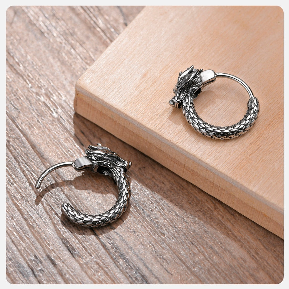 Dragon Hollywood X - Retro Dragon Head Earrings, Vintage Stainless Steel Unisex Hoop Earrings, Cool  Lucky Awesome Jewelry - BEVERLY HILLS- CALIFORNIA - USA