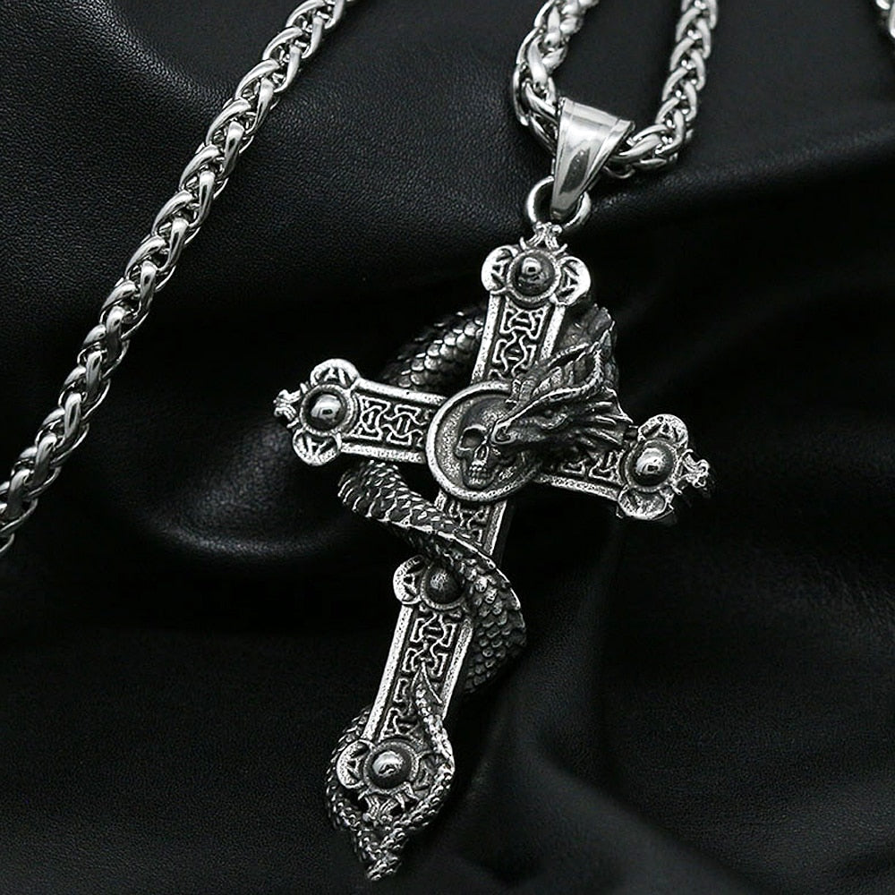 Gothic Skull Cross Pendant Necklace Stainless Steel Punk Biker Men Skull Dragon Necklace Jewelry Gothic Jewelry Gift Wholesale