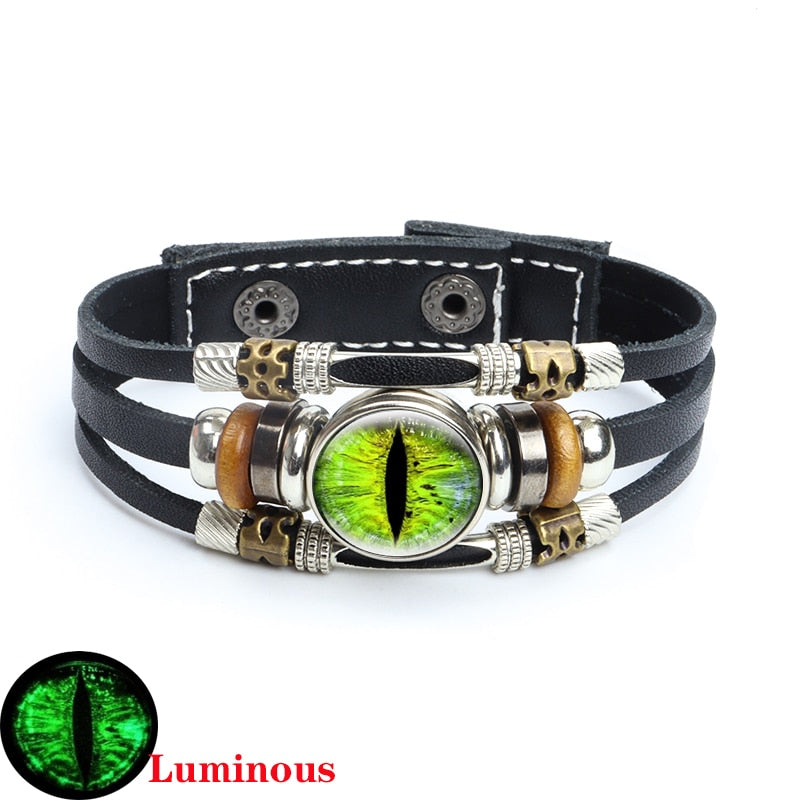 Dragon Hollywood X - Luminous Dragon Eyes Leather Bracelet Man Evil Eye Round Clear Glass Cabochon Button Multilayer Bracelets Bangles Wristband Gift - BEVERLY HILLS-CALIFORNIA-USA