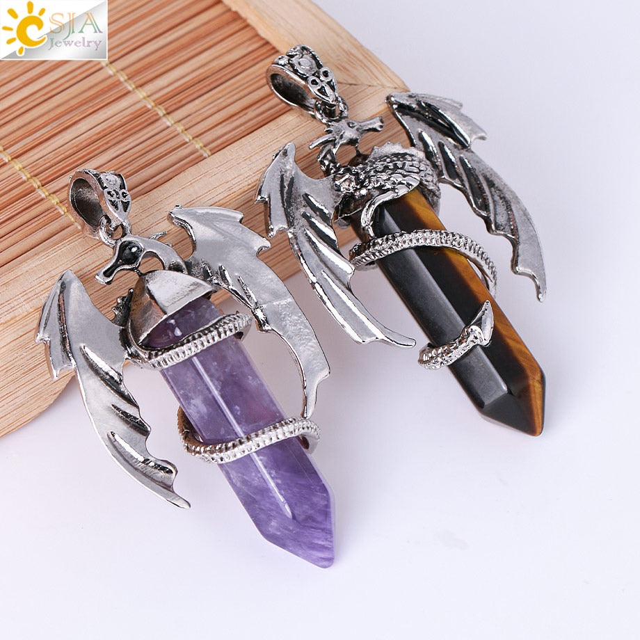 Dragon Hollywood X - CSJA Animal Dragon Man Necklace Natural Gem Stone Healing Pink Quartz Hexagonal Crystal Pendant Vintage Jewelry for Women H012  - BEVERLY HILLS, CALIFORNIA - USA