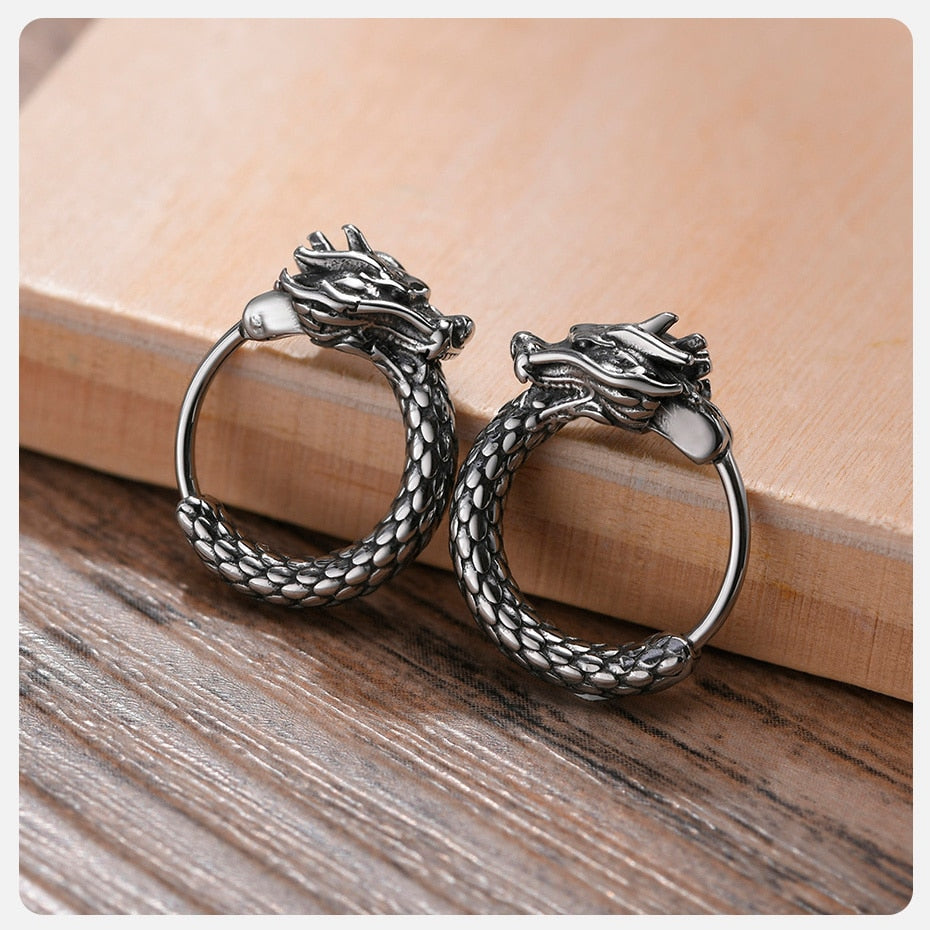 Dragon Hollywood X - Retro Dragon Head Earrings, Vintage Stainless Steel Unisex Hoop Earrings, Cool  Lucky Awesome Jewelry - BEVERLY HILLS- CALIFORNIA - USA