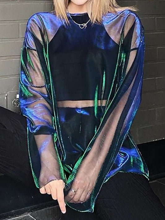 Dragon Hollywood X - Solid See Through Tshirt Women Sexy Tops O-Neck Long Sleeve Oversized T Shirt For Women Clothing Club Y2k Aesthetic  Tees