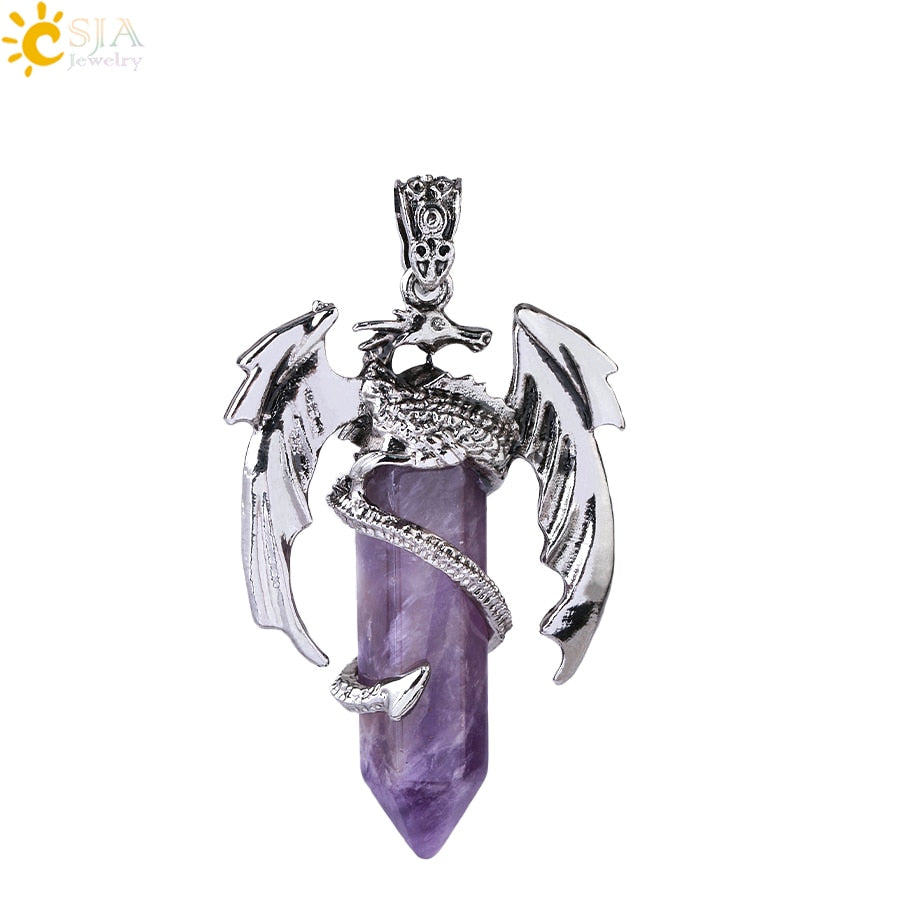 Dragon Hollywood X - CSJA Animal Dragon Man Necklace Natural Gem Stone Healing Pink Quartz Hexagonal Crystal Pendant Vintage Jewelry for Women H012  - BEVERLY HILLS, CALIFORNIA - USA