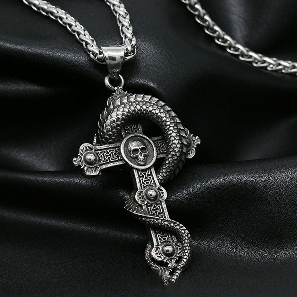 Gothic Skull Cross Pendant Necklace Stainless Steel Punk Biker Men Skull Dragon Necklace Jewelry Gothic Jewelry Gift Wholesale