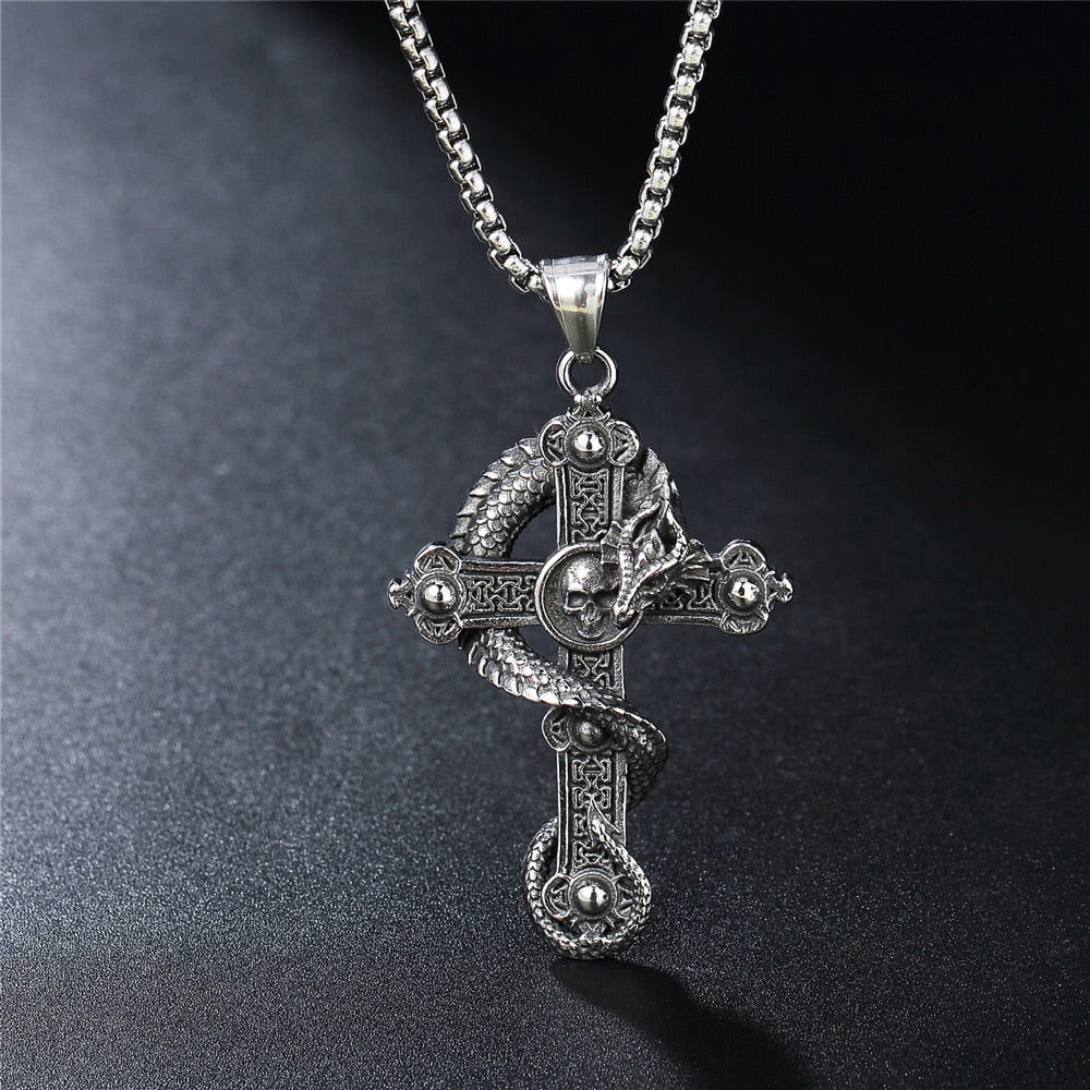 Gothic Skull Cross Pendant Necklace Stainless Steel Punk Biker Men Skull Dragon Necklace Jewelry Gothic Jewelry Gift Wholesale