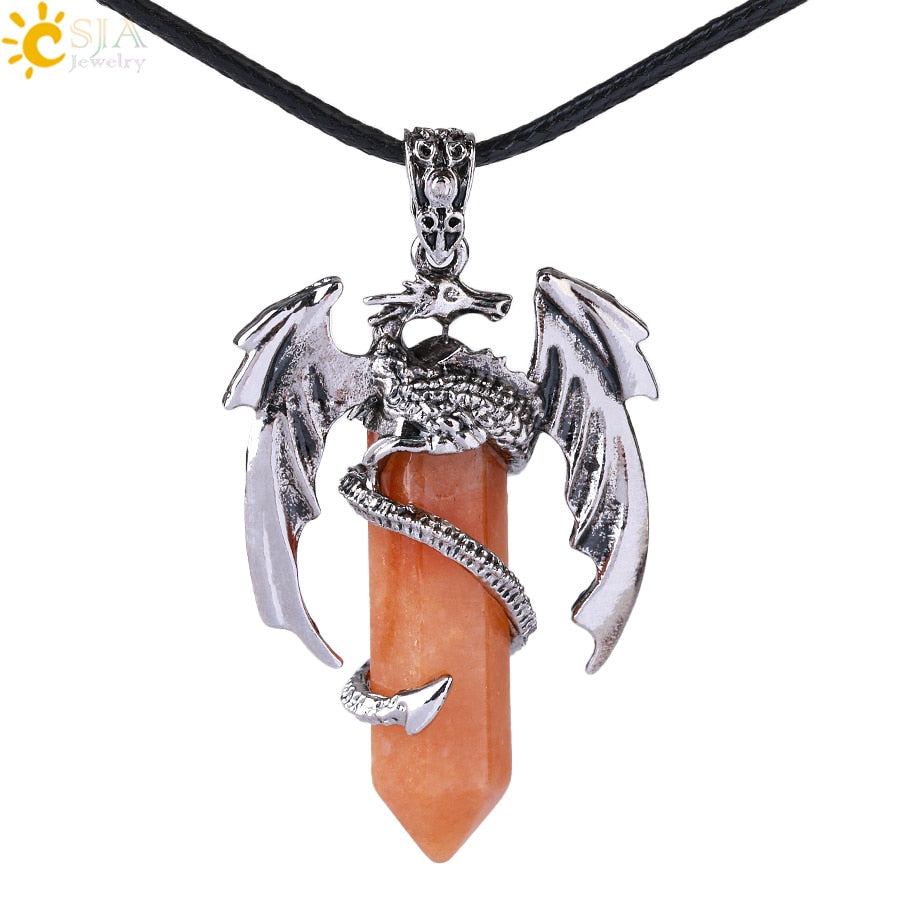Dragon Hollywood X - CSJA Animal Dragon Man Necklace Natural Gem Stone Healing Pink Quartz Hexagonal Crystal Pendant Vintage Jewelry for Women H012  - BEVERLY HILLS, CALIFORNIA - USA